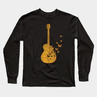 Acoustic Guitar Silhouette Turning Into Butterflies Gold Long Sleeve T-Shirt